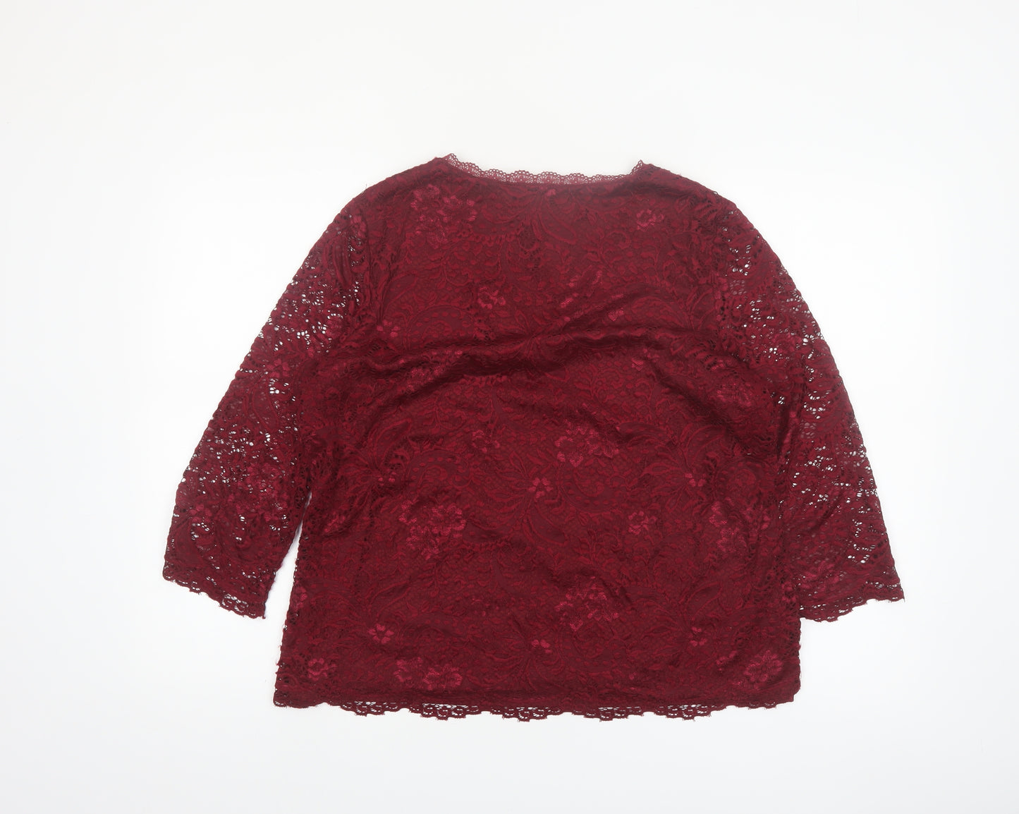 Roz & Ali Women's Red Lace 3/4 Sleeve V-Neck Blouse Size L