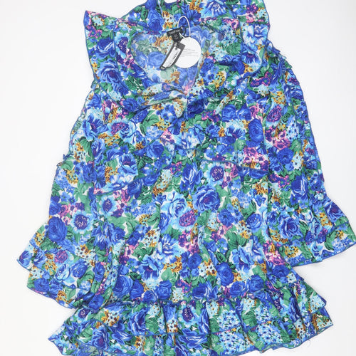Boohoo Women Blue Floral Wrap Mini Dress Size 16 Long Sleeve Party