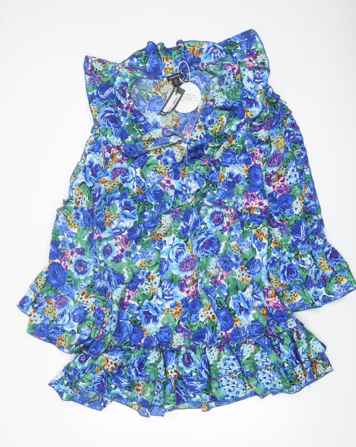 Boohoo Women Blue Floral Wrap Mini Dress Size 16 Long Sleeve Party