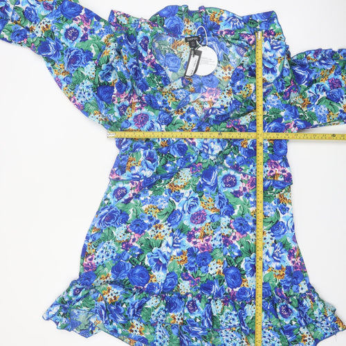 Boohoo Women Blue Floral Wrap Mini Dress Size 16 Long Sleeve Party