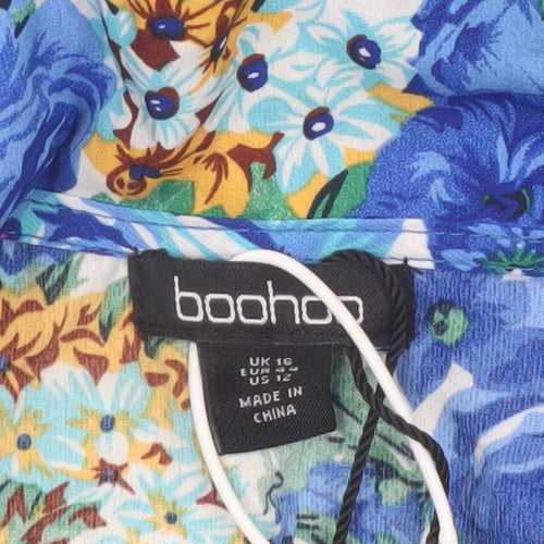Boohoo Women Blue Floral Wrap Mini Dress Size 16 Long Sleeve Party