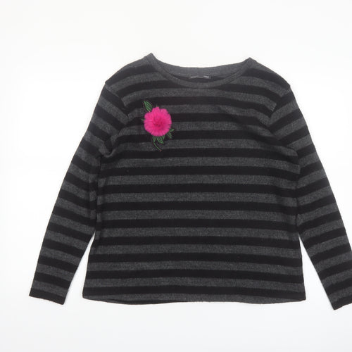 ZARA Womens Black Striped Knit Jumper M Crew Neck Long Sleeve