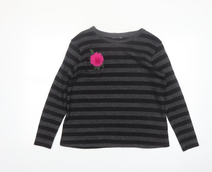 ZARA Womens Black Striped Knit Jumper M Crew Neck Long Sleeve
