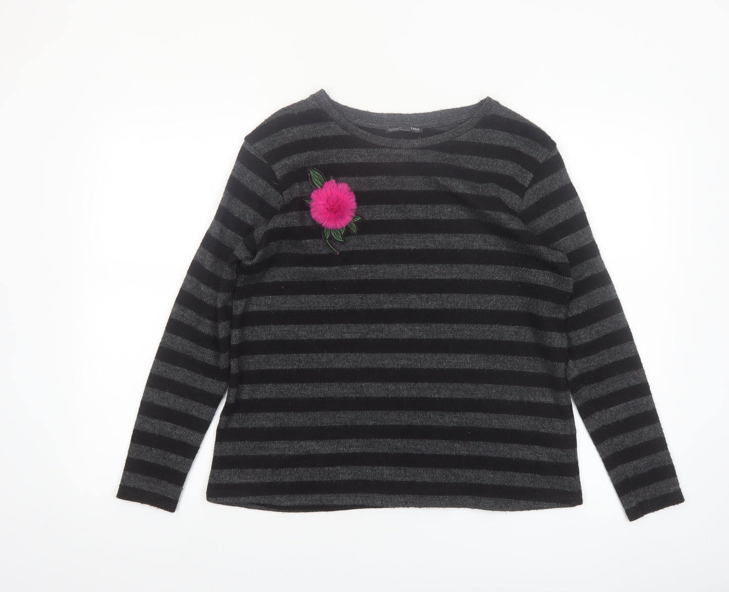 ZARA Womens Black Striped Knit Jumper M Crew Neck Long Sleeve