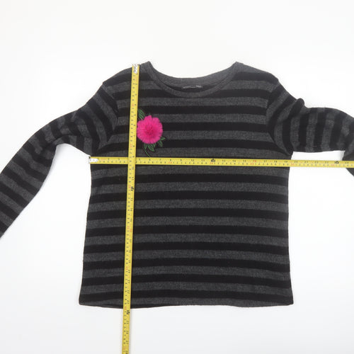 ZARA Womens Black Striped Knit Jumper M Crew Neck Long Sleeve