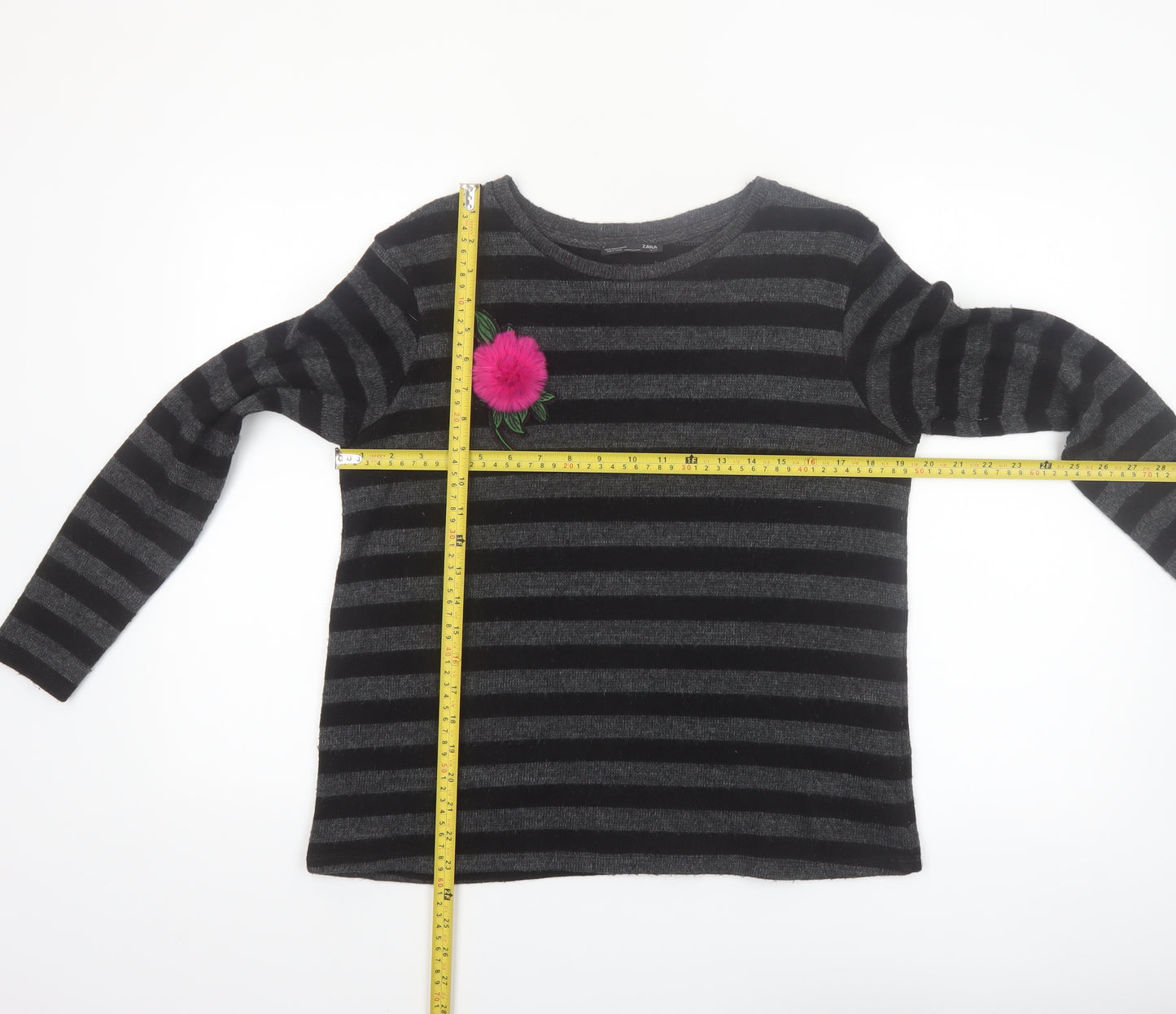 ZARA Womens Black Striped Knit Jumper M Crew Neck Long Sleeve