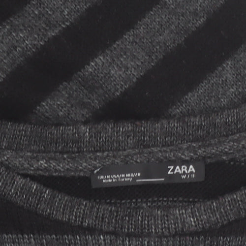 ZARA Womens Black Striped Knit Jumper M Crew Neck Long Sleeve