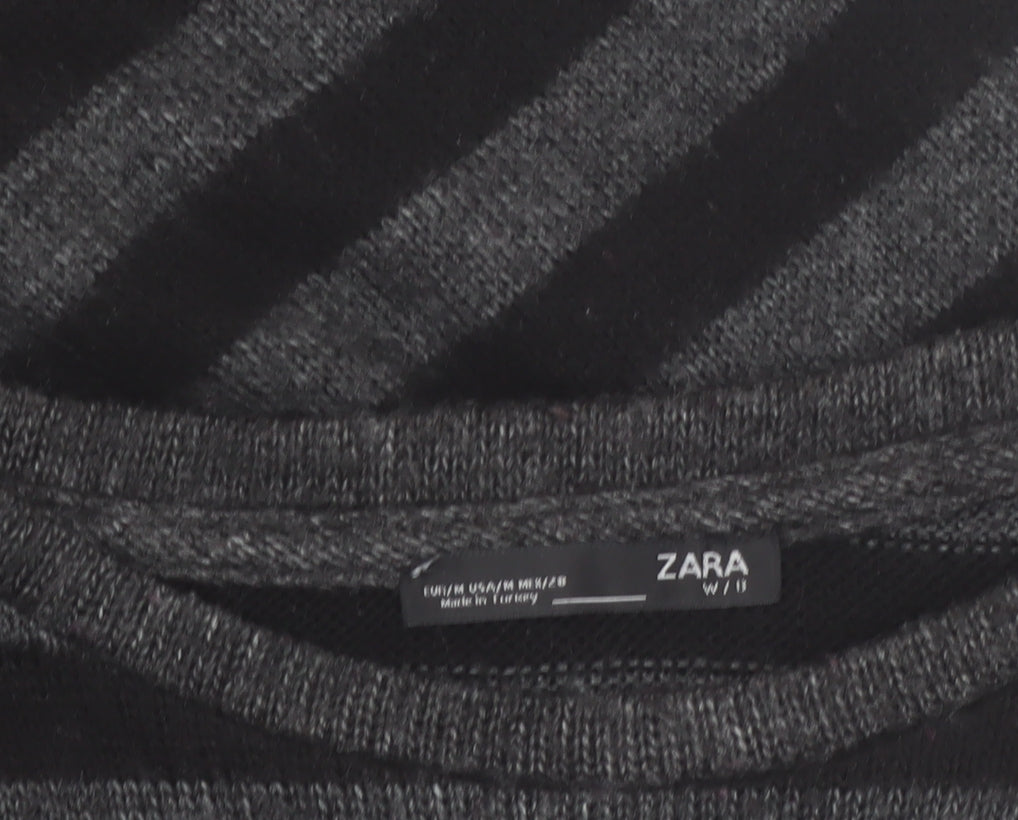 ZARA Womens Black Striped Knit Jumper M Crew Neck Long Sleeve