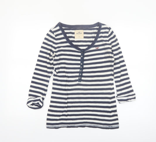 Hollister Women's Blue Striped 3/4 Sleeve Scoop Neck T-Shirt M