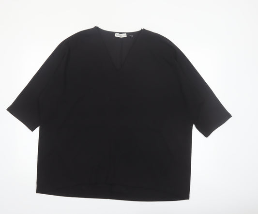 Gallery Women Black V-Neck 3/4 Sleeve Relaxed Fit Blouse XL