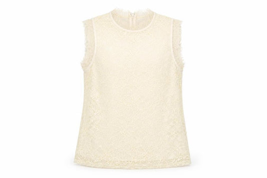 Front view of VILA Women’s Beige Lace High Neck Sleeveless Camisole Blouse M