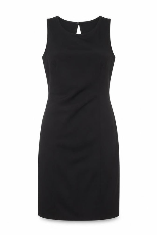 Front view of H&M Women’s Black Sheath Knee Length Sleeveless Dress, size UK 12