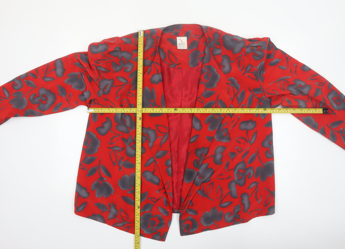 Elvi Women's Red Floral Blazer Jacket Size 16 Lined Polyester