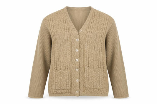 Front view of Naura's Women Beige Cable-Knit Long Sleeve Cardigan, size 12