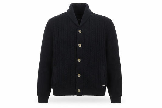 Front view of Threadbare Men's Black 2XL Cable-Knit Button Cardigan Jumper