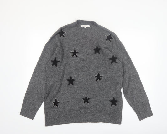 Next Womens Grey Star Embroidered Wool Blend Pullover Jumper Size M