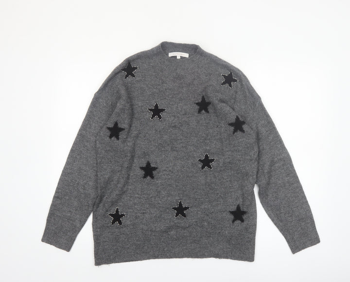 Next Womens Grey Star Embroidered Wool Blend Pullover Jumper Size M