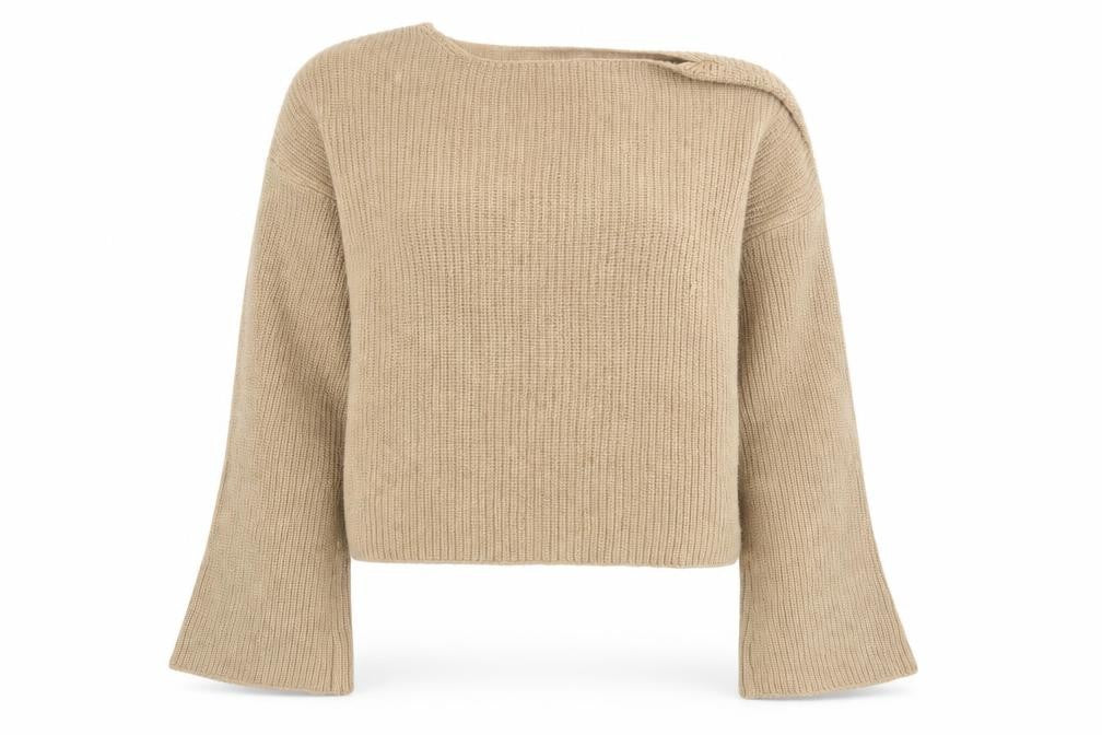 Front view of NA-KD Women’s Beige Chunky Knit Bell Sleeve jumper, size M