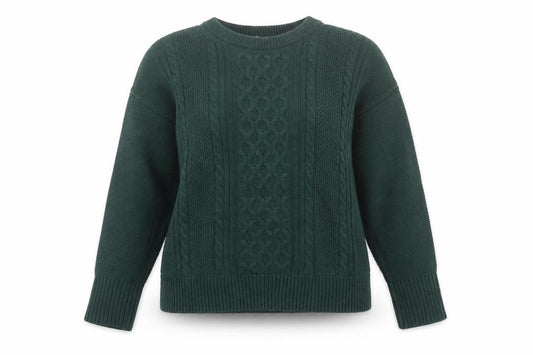 Front view of Gap women’s green cotton cable knit jumper, size UK 12