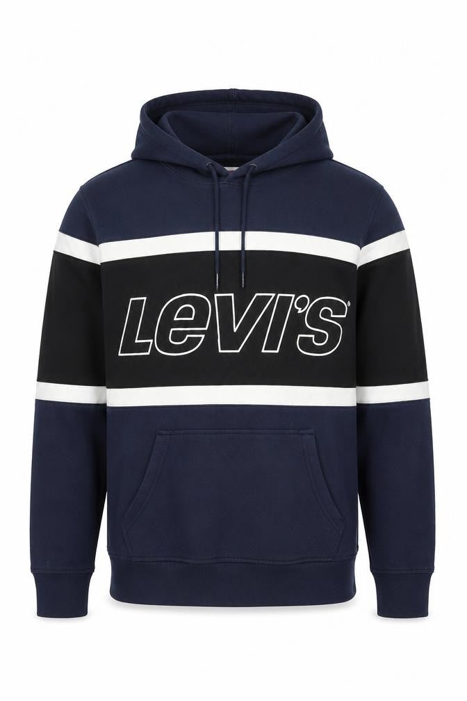 Front view of Levi's Men's Blue Logo Pullover Hoodie, size L, Fleece