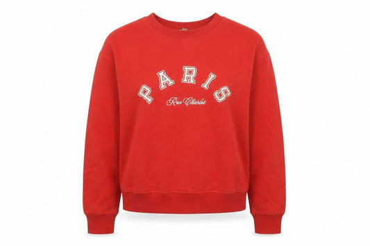 Front view of H&M Women Red Paris Rue Charlot Pullover Sweatshirt, size S