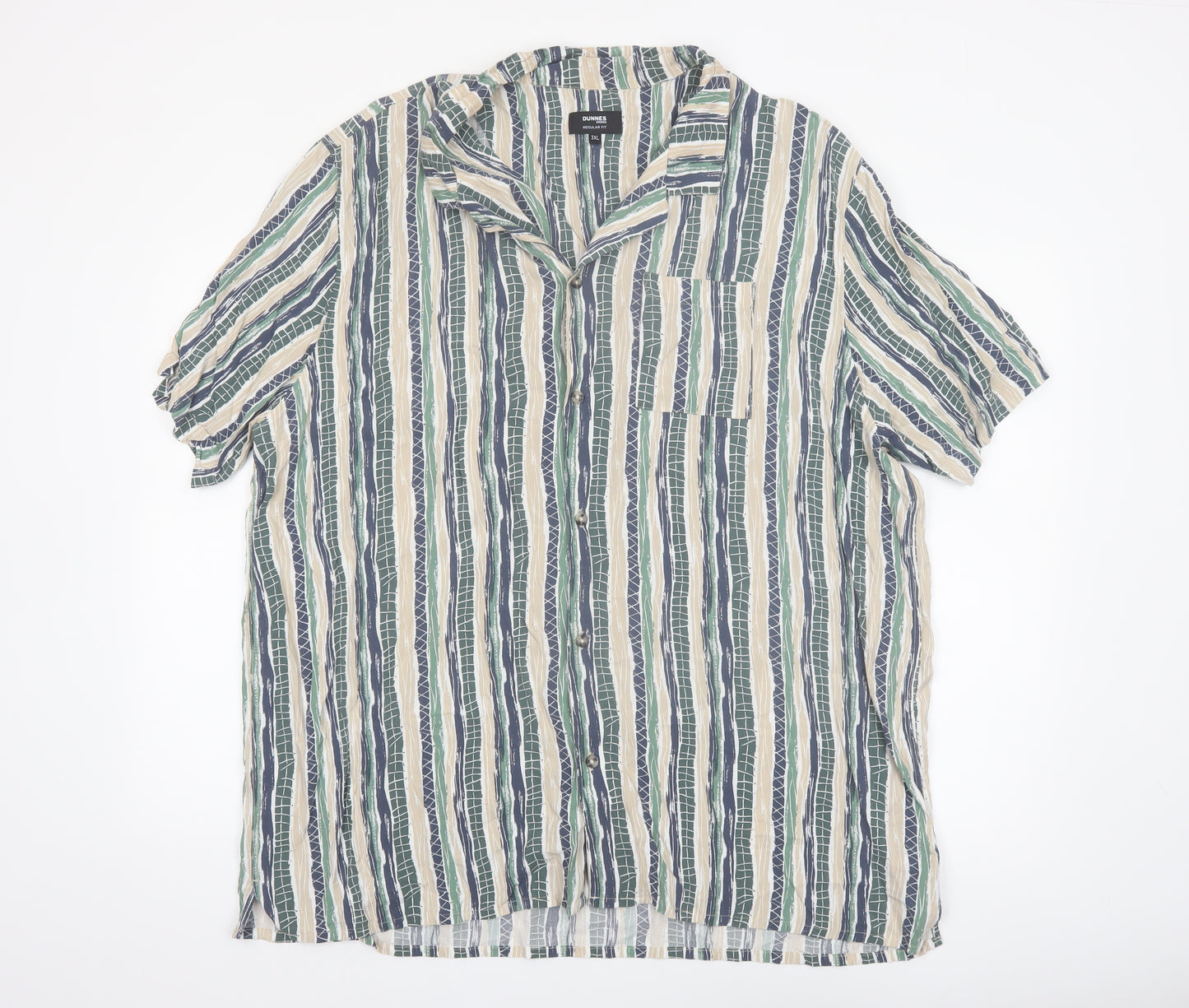 Dunnes Stores Men’s Beige Green Striped Short Sleeve 3XL Button-Up Shirt