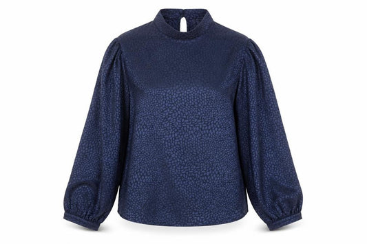 Front view of Zibi London Women's Blue Animal Print High Neck Blouse, size 10