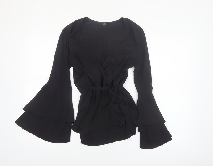 River Island Women’s Black Wrap Blouse Size 8 Bell Sleeve