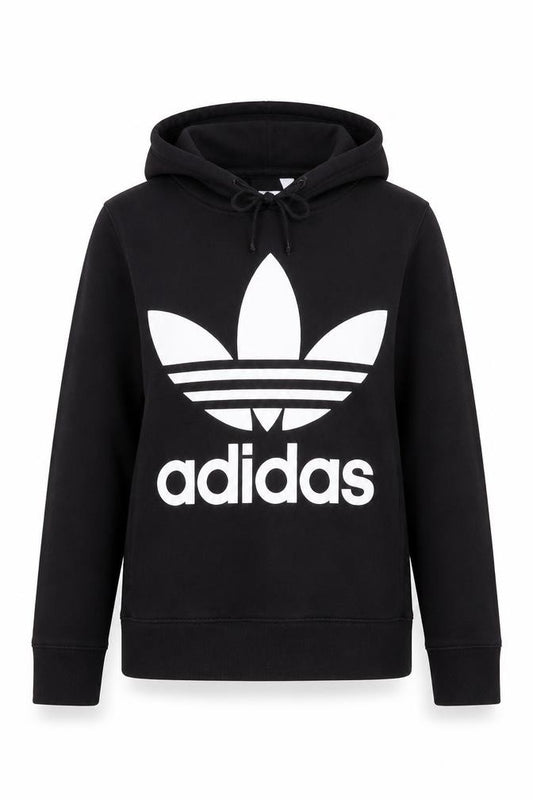 Front view of Adidas women’s black hooded pullover sweatshirt, size UK 8, cotton blend
