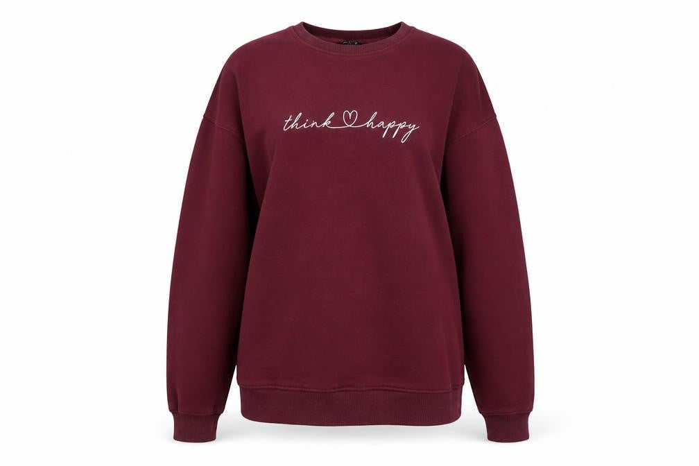 Front view of New Look women’s burgundy think happy pullover sweatshirt, size S