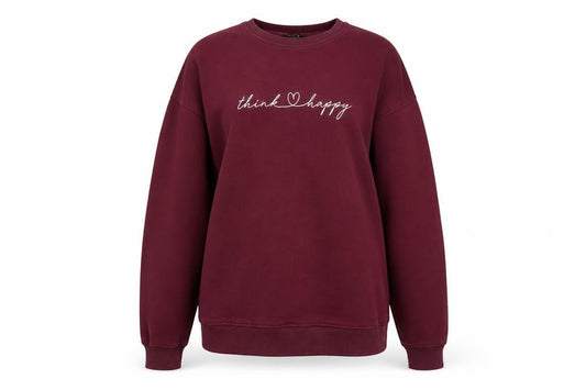Front view of New Look women’s burgundy think happy pullover sweatshirt, size S