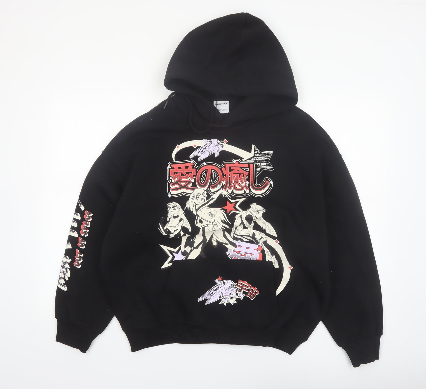 Bershka Men’s Black Anime Graphic Pullover Hoodie Size S