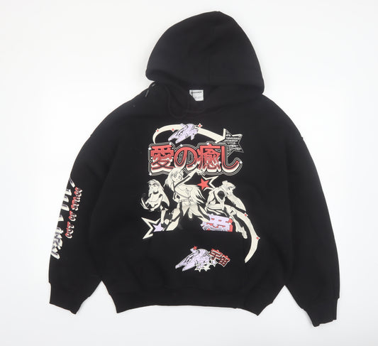 Bershka Men’s Black Anime Graphic Pullover Hoodie Size S