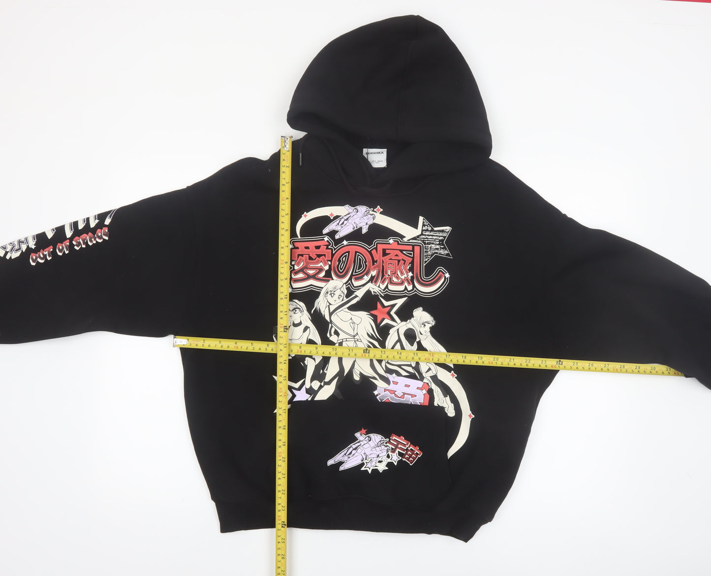 Bershka Men’s Black Anime Graphic Pullover Hoodie Size S