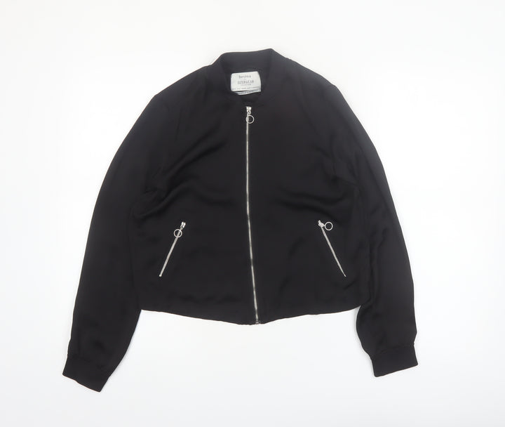 Bershka Womens Black Bomber Jacket Size 8 Regular Zip Pockets