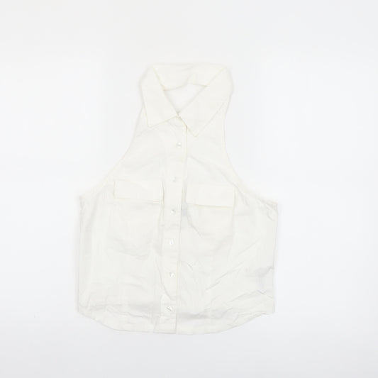 Collusion Womens White Cotton Cropped Button-Up Halter Shirt UK 10