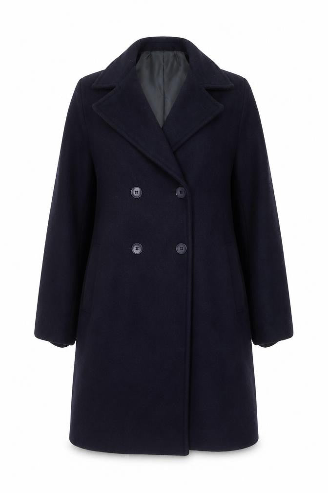 Front view of Azul Women's Blue Wool Long Overcoat M Classic Lined Buttoned