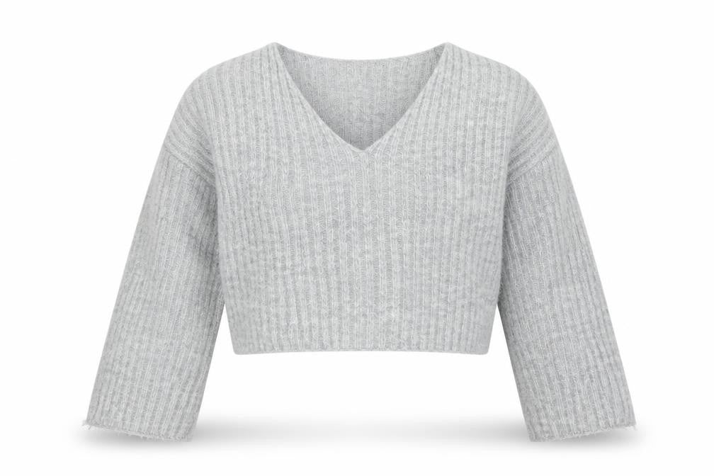 Front view of New Look girls’ grey v-neck cropped jumper, size 12-13, years