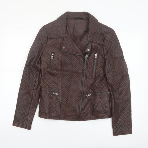 Dunnes Stores Women Brown Quilted Faux Leather Biker Jacket Size 10