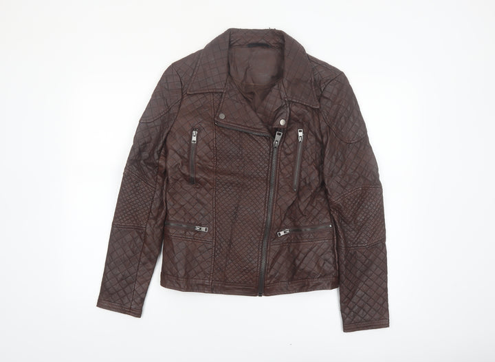 Dunnes Stores Women Brown Quilted Faux Leather Biker Jacket Size 10