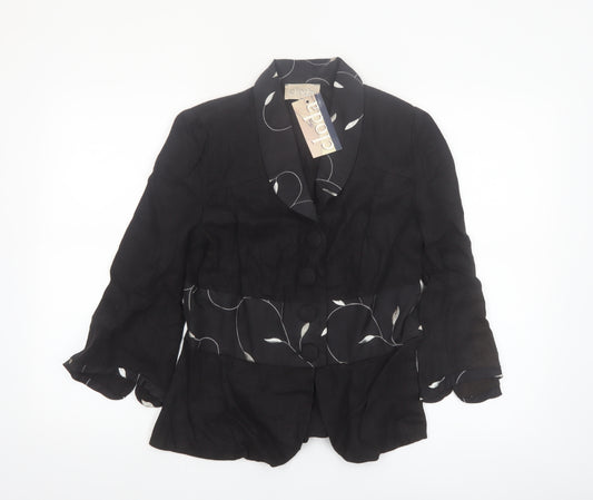 Cloda Women Black Linen Floral Trim Suit Jacket M