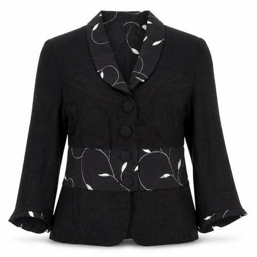 Cloda Women Black Linen Floral Trim Suit Jacket M