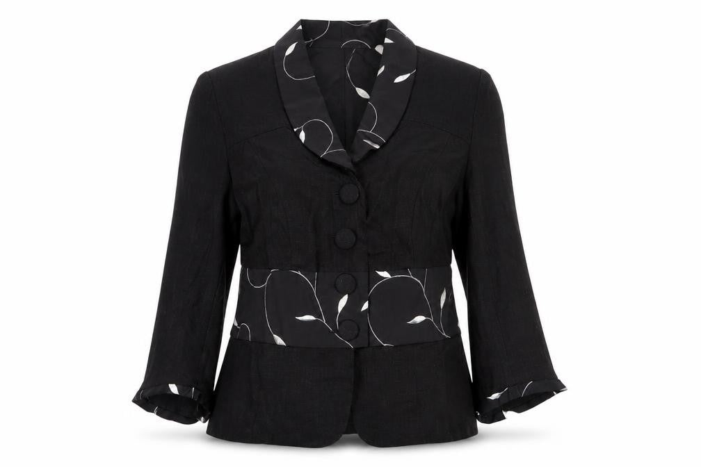 Cloda Women Black Linen Floral Trim Suit Jacket M