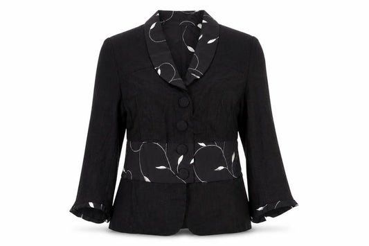 Front view of Cloda Women Black Linen Floral Trim Suit Jacket M