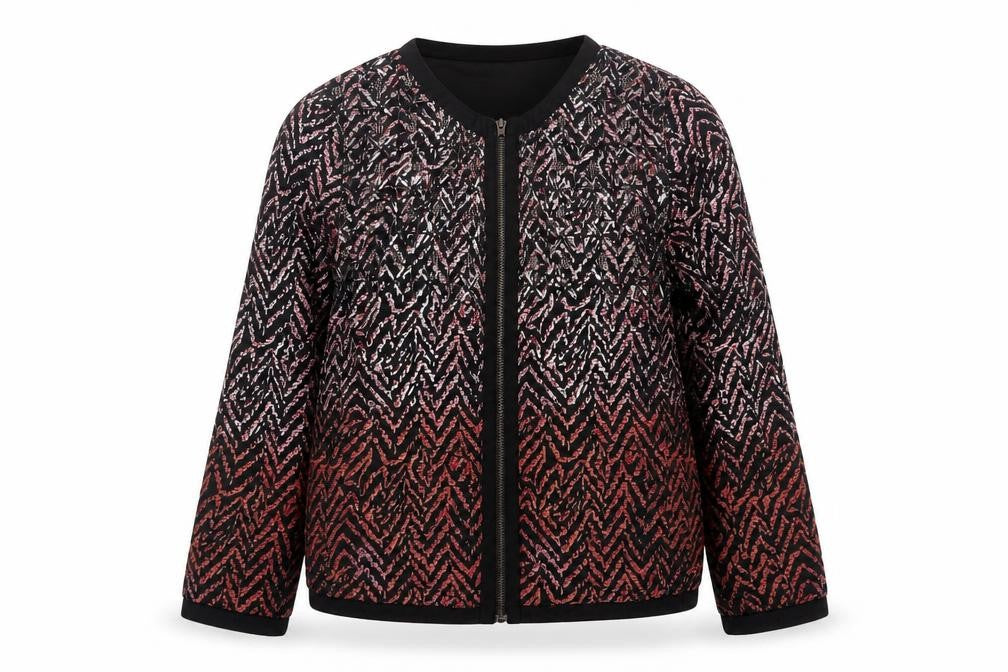 Front view of Atmosphere women’s red black geometric bomber jacket, size UK 10