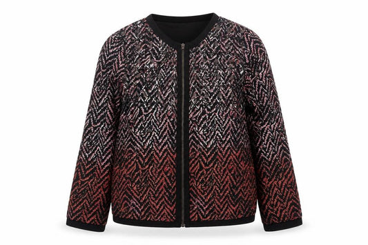 Front view of Atmosphere women’s red black geometric bomber jacket, size UK 10