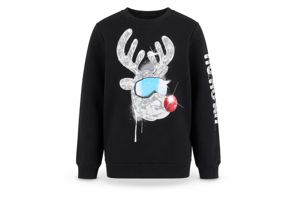 Front view of Next boys’ black reindeer graphic pullover sweatshirt 9 years