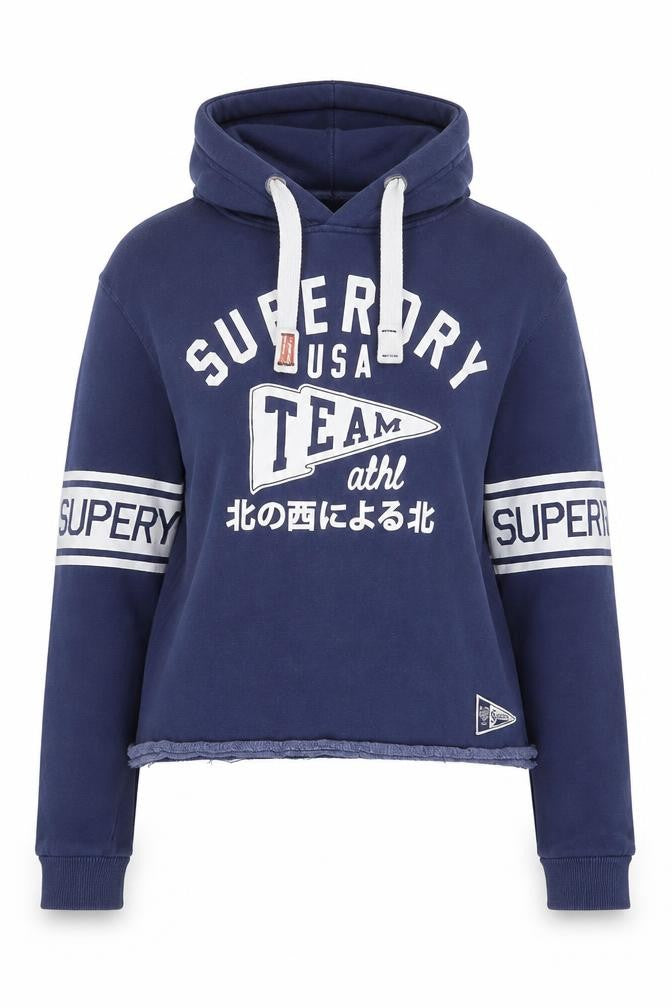 Front view of Superdry Women Blue Medium Pullover Hoodie with Logo Print