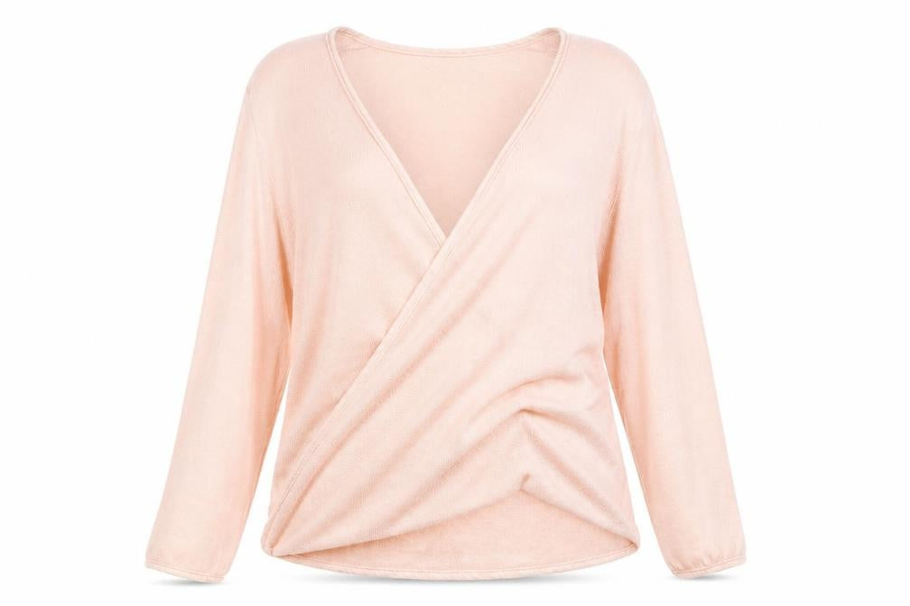 Front view of Emreco Women's Pink Wrap V-Neck Linen Blend Jumper, size 16