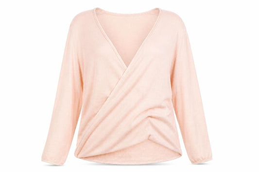Front view of Emreco Women's Pink Wrap V-Neck Linen Blend Jumper, size 16